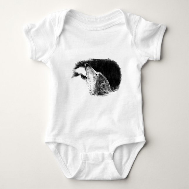Black & White Grey Wolf Sketch Artwork Baby Bodysuit (Front)