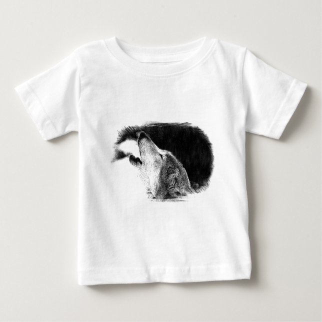 Black & White Grey Wolf Sketch Artwork Baby T-Shirt (Front)
