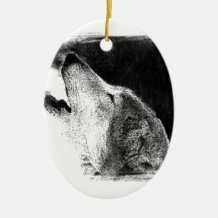 Black & White Grey Wolf Sketch Artwork Ceramic Tree Decoration