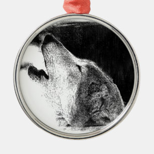 Black & White Grey Wolf Sketch Artwork Metal Tree Decoration