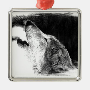Black & White Grey Wolf Sketch Artwork Metal Tree Decoration