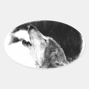 Black & White Grey Wolf Sketch Artwork Oval Sticker