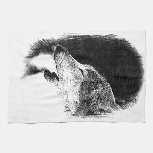 Black & White Grey Wolf Sketch Artwork Tea Towel (Horizontal)