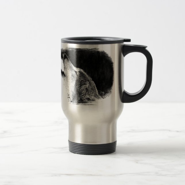 Black & White Grey Wolf Sketch Artwork Travel Mug (Right)
