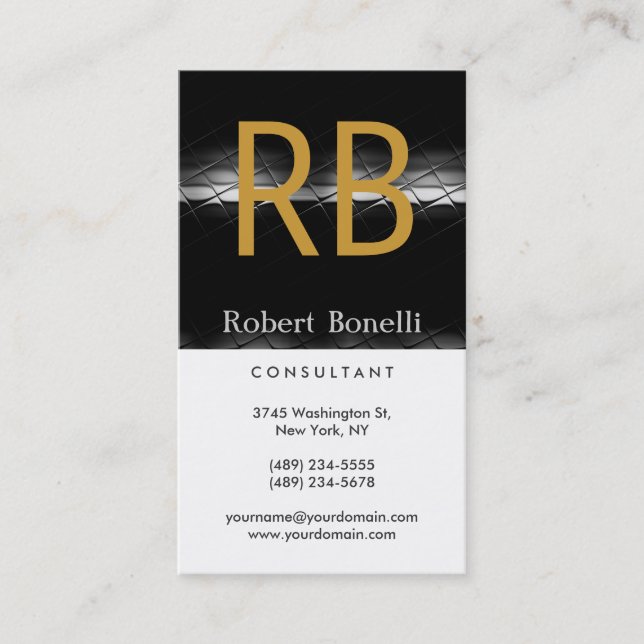 Black White Grey Yellow Monogram Business Card (Front)