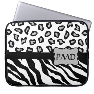 Black, White & Grey Zebra & Cheetah Skin Monogram Laptop Sleeve