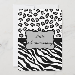 Black White Grey Zebra Leopard 25th Anniversary Invitation