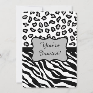 Black White Grey Zebra Leopard Invitation