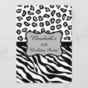 Black White Grey Zebra Leopard Skin 30th Birthday Invitation