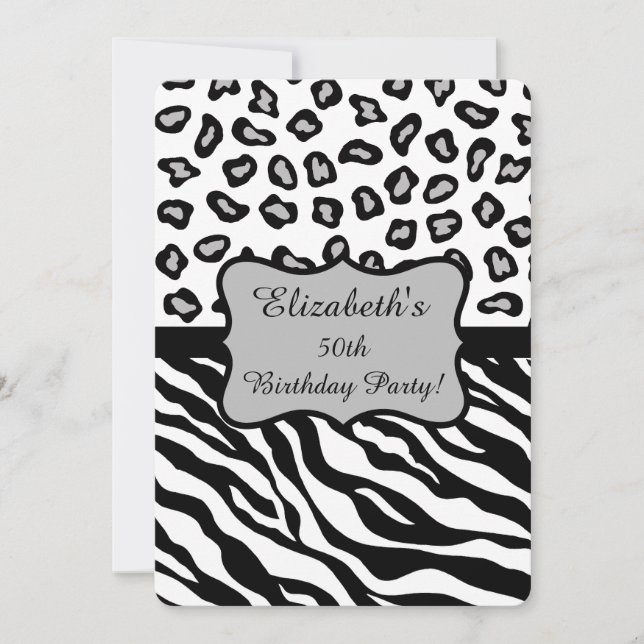 Black White Grey Zebra Leopard Skin 50th Birthday Invitation (Front)