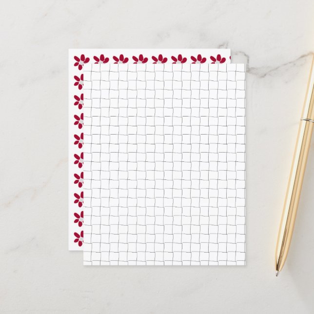 Black White Grid Red Flowers Scrapbook Paper (Front/Back In Situ)