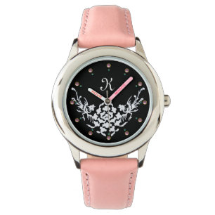BLACK WHITE GRIFFINS AND FLOWERS MONOGRAM WATCH