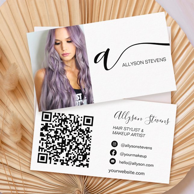 Black white hair makeup photo initial qr code business card (Creator Uploaded)
