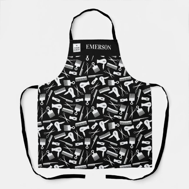Black & White Hair Stylist Tools Add Name & Logo Apron (Front)