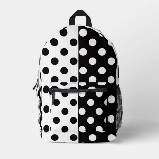 Black White Half Colour Split Inverse Polka Dots Printed Backpack (Front)