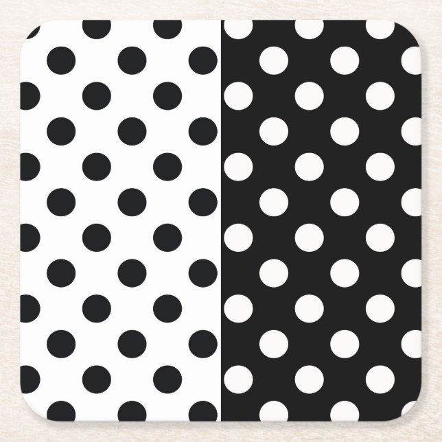 Black White Half Colour Split Inverse Polka Dots Square Paper Coaster (Front)