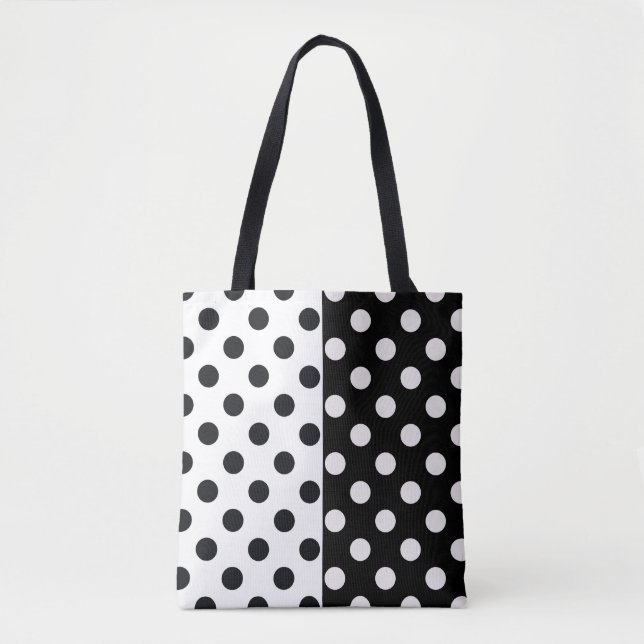 Black White Half Colour Split Inverse Polka Dots Tote Bag (Front)