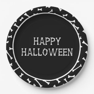 Black & White Halloween Bones & Bats Pattern Paper Plate