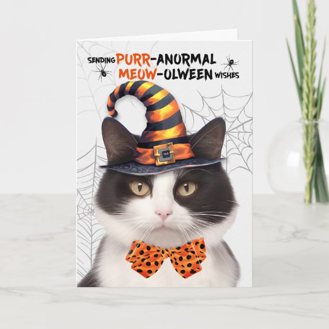 Black White Halloween Cat PURRanormal MEOWolween Holiday Card (Front)