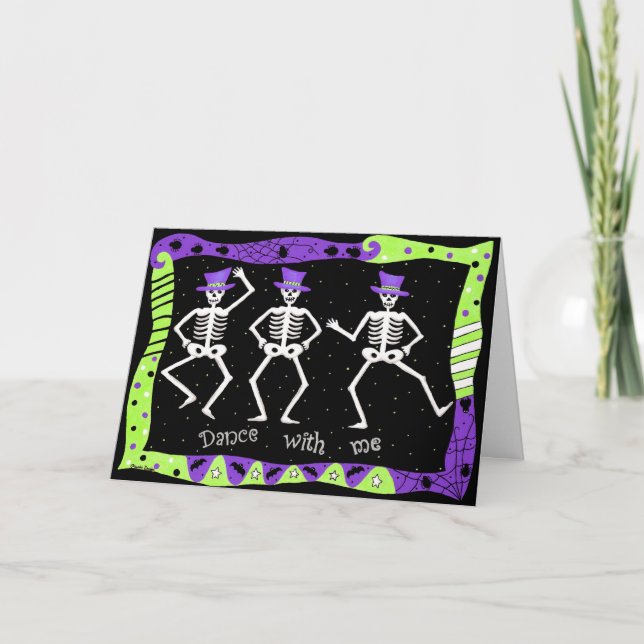 Black White Halloween Skeleton Bones Dance Card (Front)