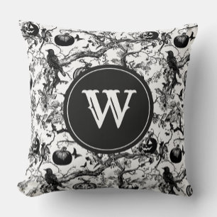 Black & White Halloween Toile Monogram Cushion