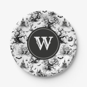 Black & White Halloween Toile Monogram Paper Plate