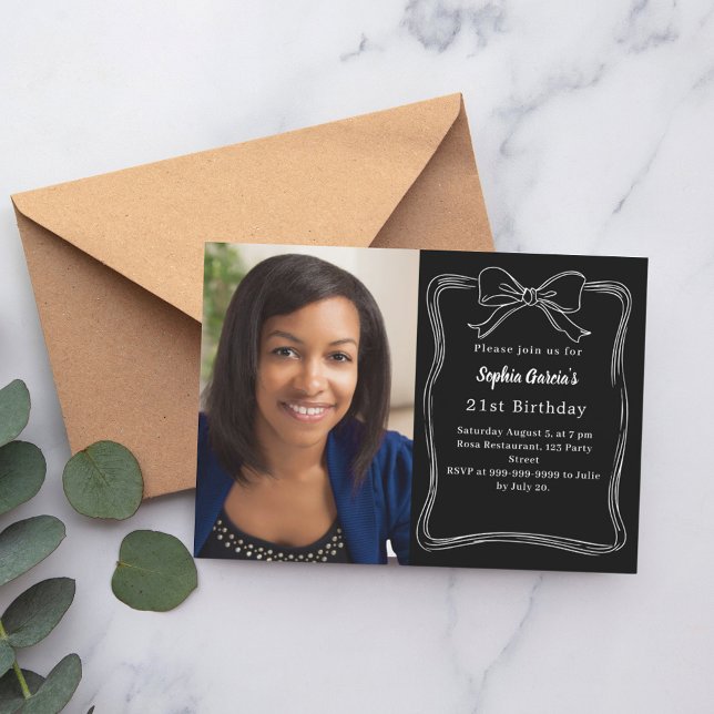 Black white hand-drawn bow photo birthday invitation (Creator Uploaded)