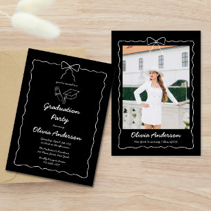 Black White Hand-Drawn Bow Photo Graduation Party Invitation