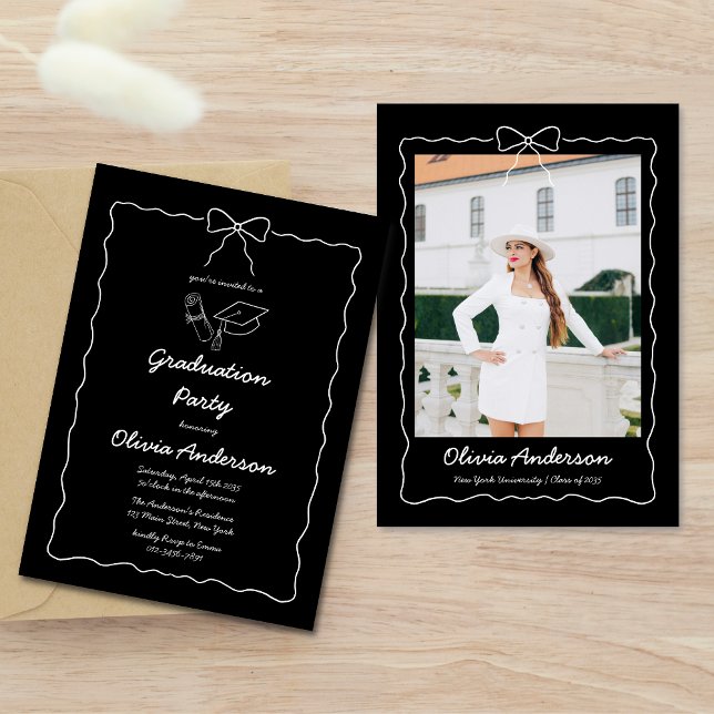 Black White Hand-Drawn Bow Photo Graduation Party Invitation (Creator Uploaded)