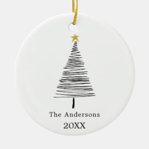 Black white hand-drawn Christmas tree family name Ceramic Tree Decoration