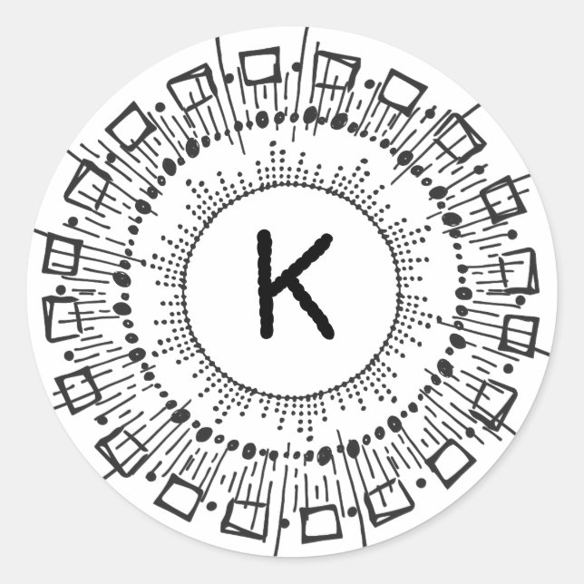 Black White Hand Drawn Circles Lines Starburst Classic Round Sticker (Front)