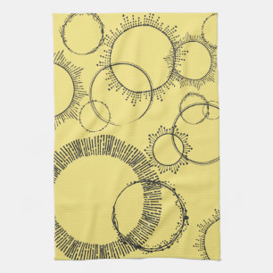 Black White Hand Drawn Circles Lines Starburst Tea Towel