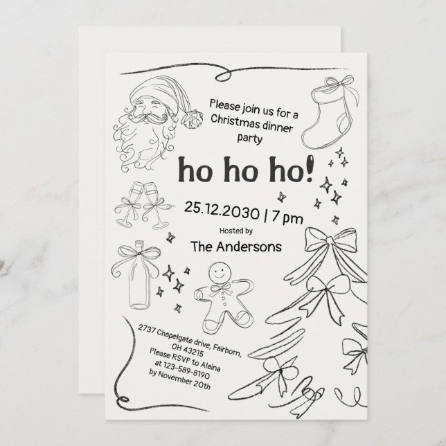 Black & White Hand Drawn Doodle Christmas Party Invitation (Front/Back)