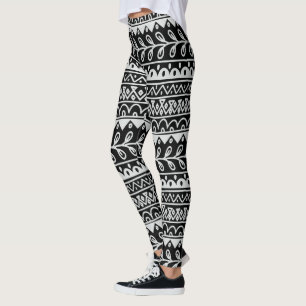 Black & White Hand Drawn Doodle Patterns in Rows Leggings