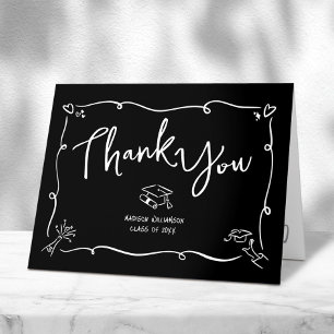 Black White Hand Drawn Doodle Style Graduation Fun Thank You Card