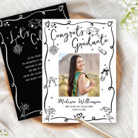 Black White Hand Drawn Doodles Graduation Photo