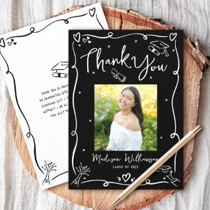 Black White Hand Drawn Doodles Photo Graduation Thank You Card