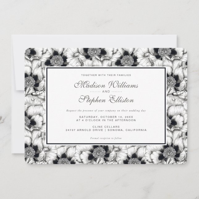 Black & White Hand Drawn Floral - Wedding Invitation (Front)