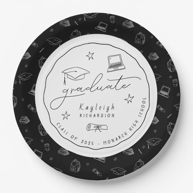 Black White Hand Drawn Grad Party Paper Plate (Front)