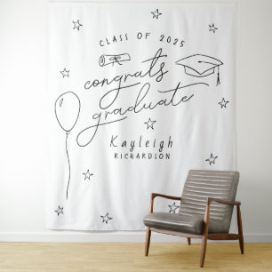 Black White Hand Drawn Graduation Photo Backdrop Tapestry
