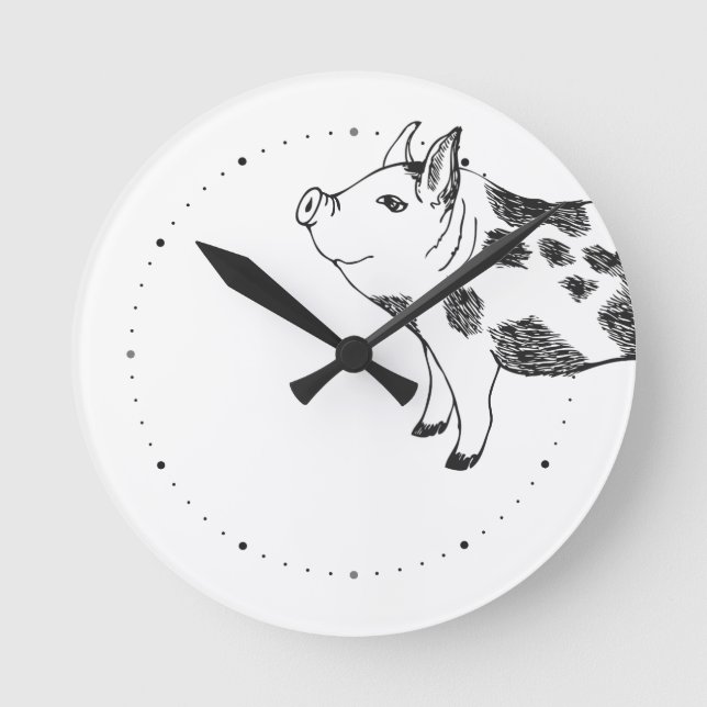 Black & white hand drawn pig cow spots pattern round clock (Front)