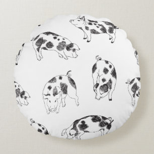 Black & white hand drawn pig cow spots pattern round cushion