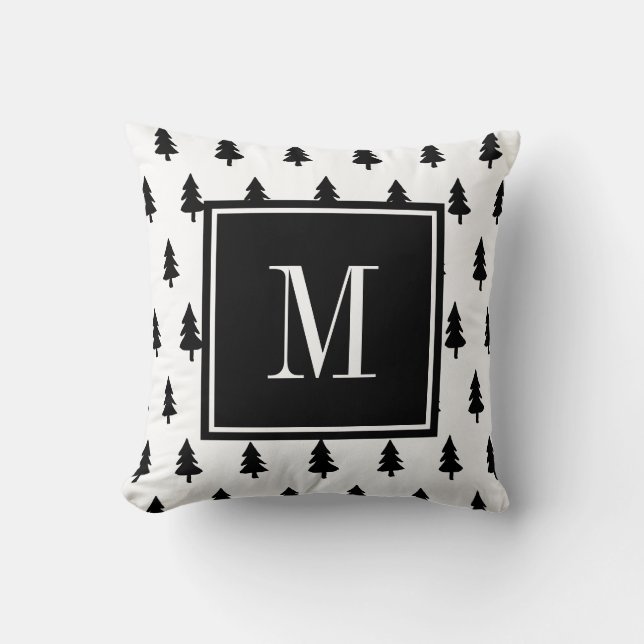 Black white hand drawn pine tree minimal MONOGRAM Cushion (Front)