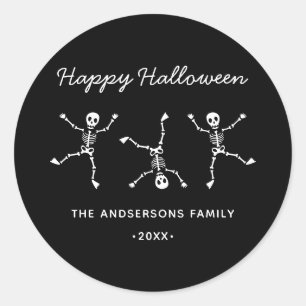 Black & White Hand Drawn Skeleton Happy Halloween Classic Round Sticker