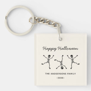 Black & White Hand Drawn Skeleton Happy Halloween Key Ring