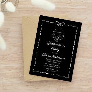 Black & White Hand Drawn Wavy Bow Graduation Party Invitation