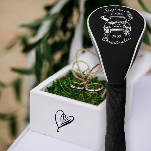 Black/White Hand Drawn Wedding Car Just Married Golf Head Cover