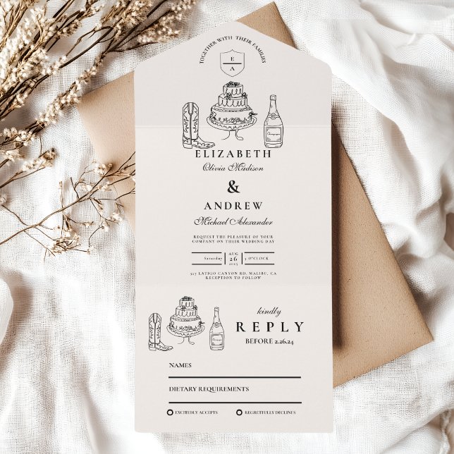 Black White Hand Drawn Western Doodle Wedding  All In One Invitation (Creator Uploaded)