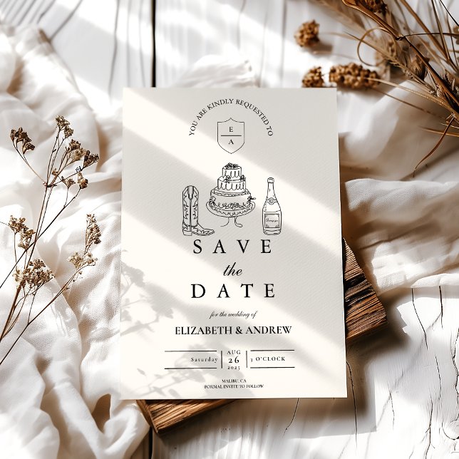Black White Hand Drawn Western Doodle Wedding  Save The Date (Creator Uploaded)