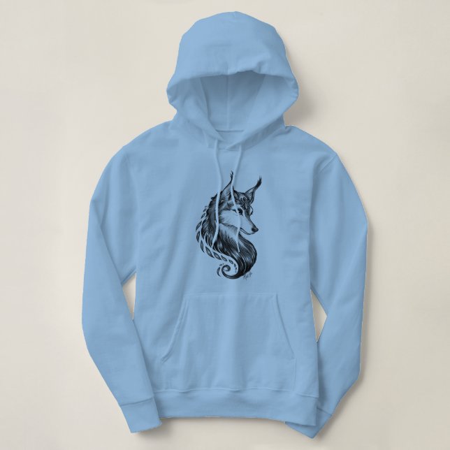 Black & White Hand Drawn Wolf Blue Hoodie (Design Front)